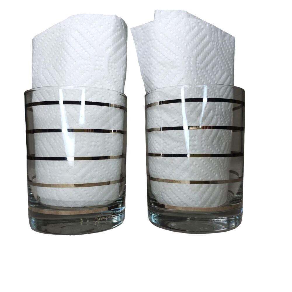 Vintage Georges Briard Silver Stripe Double Old Fashioned Glasses Set of 2 MCM